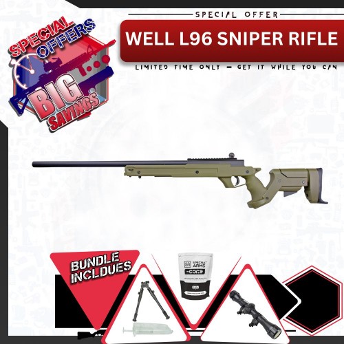 WELL L96 SNIPER BOLT ACTION RIFLE WITH BIPOD GREEN, SAVE BIG with our Special Offers - grab the WELL L96 Sniper Rifle Bundle Deal today